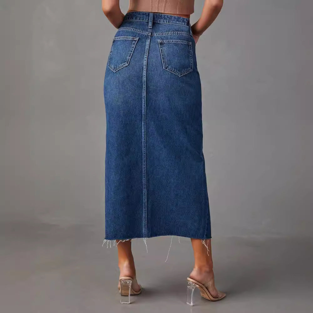 JUTA | Denim Split Rok – High Waist Musthave in Two-Tone Katoen