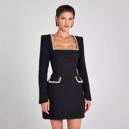 CHIC PARISIENNE | Tweed Jurk Dames met Parelaccenten – Elegante Jurk in Franse Stijl