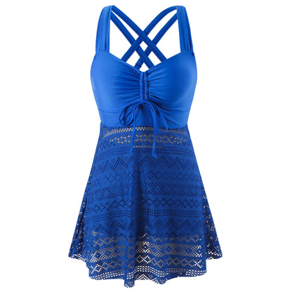 EVA | Elegante Tankini Jurk met Kant – Flatterend Badpak met Rokje en Gekruiste Rugbandjes