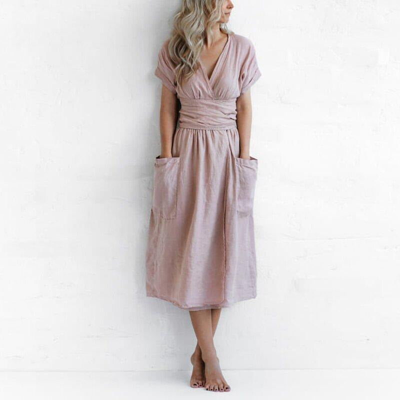 ROSALIEN | Linnen Midi Jurk met Overslag – Comfort & Elegantie in één