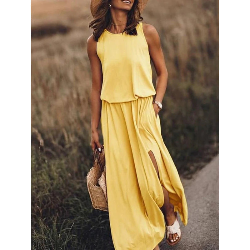 ZENDAYA | Mouwloze Maxi Jurk met Split – Casual Zomerjurk met Pockets