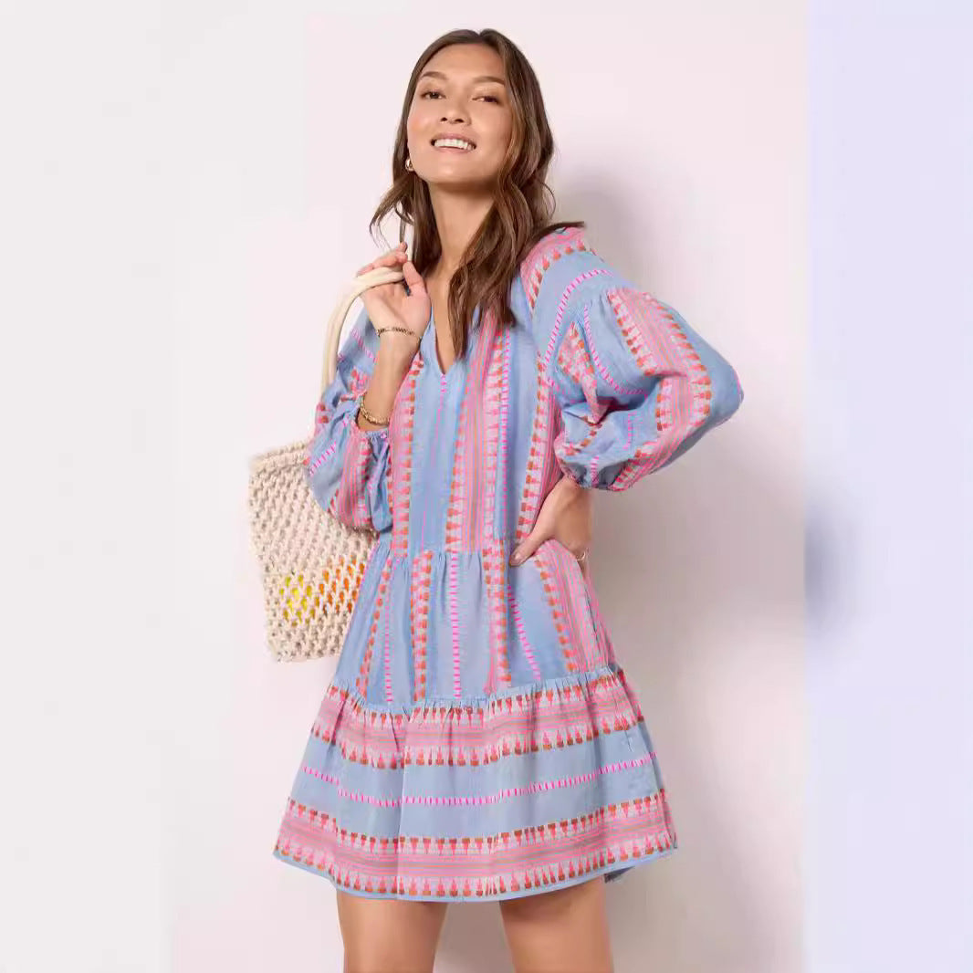 ELIN | Blauwe Boho Tuniekjurk – Luchtige Korte Zomerjurk met Borduursels