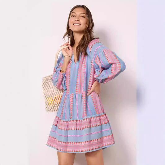 ELIN | Blauwe Boho Tuniekjurk – Luchtige Korte Zomerjurk met Borduursels