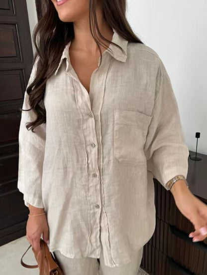JANNA | 2-Delige Linnen Dames Set – Oversized Blouse & Rechte Broek in Meerdere Kleuren