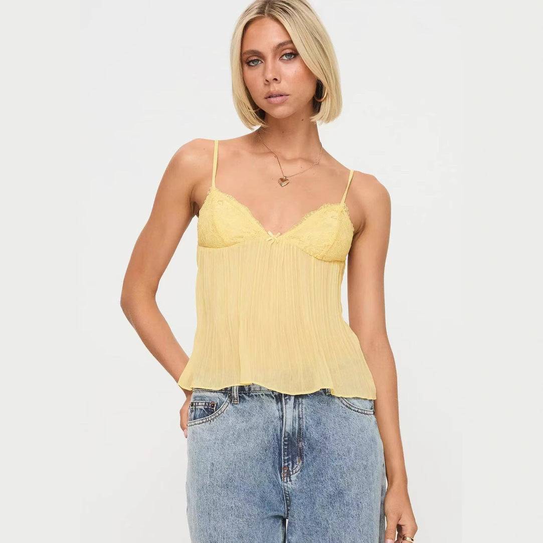 FIE | Gele Plissé Cami Top met Kant – Dames Top met Spaghettibandjes