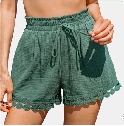 DIDE | Katoenen Short met Kanten Afwerking – Zomershort Dames met Strikband