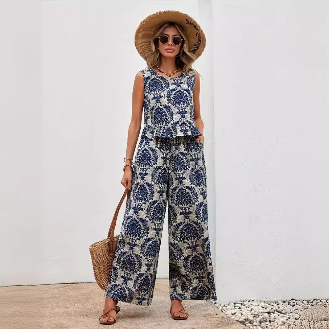 MAREN | Boho Co-Ord Set Dames – Luchtige Tweedelige Outfit met Blauw Witte Print