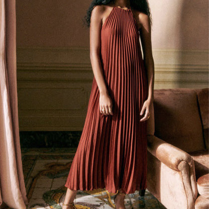 NOÉMIE | Halterjurk Dames – Plissé Maxi Jurk Elegant & Luchtig