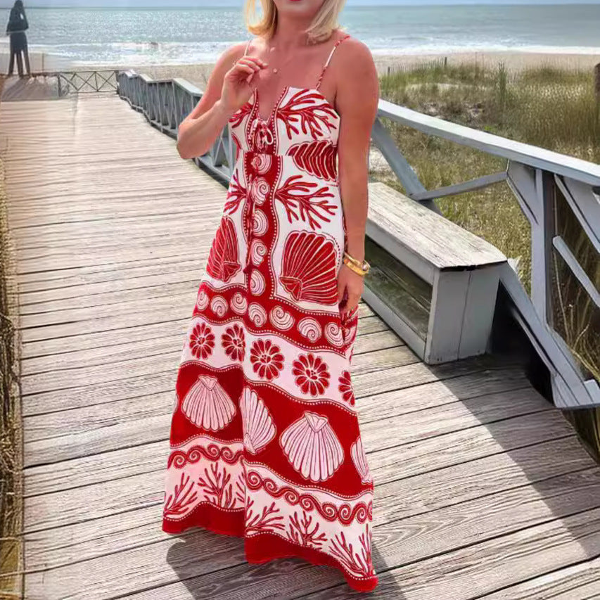 YBE | Zomerse Maxi-Jurk met Schelpenprint – Boho Chic voor Warme Dagen