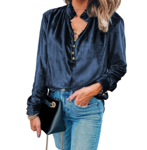 FAYE | Velvet Ruffle Blouse – Luxe Glans & Elegante Details