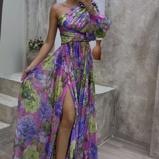 SABINE | One Shoulder Maxi Jurk – Elegante Bloemenjurk met Hoge Split