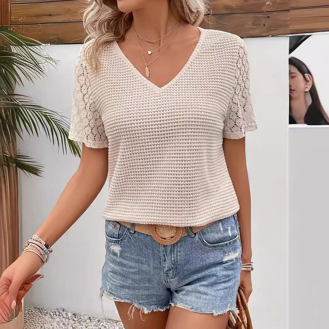 NOVI | Zomerse V-Hals Top met Kanten Mouwen – Casual Chic Dames Top