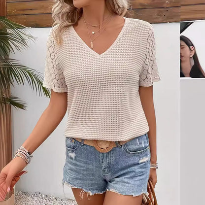 NOVI | Zomerse V-Hals Top met Kanten Mouwen – Casual Chic Dames Top