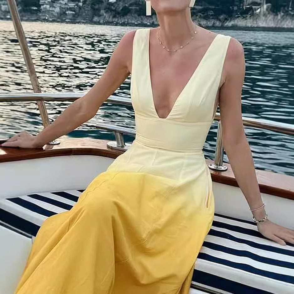 JULIENNE | Zomerse Maxi Jurk – Ombre Geel met Verleidelijke V-hals