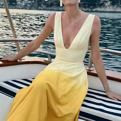 JULIENNE | Zomerse Maxi Jurk – Ombre Geel met Verleidelijke V-hals