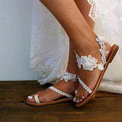 BLOEM | Witte sandalen Dames – Kant en Bloemen - Zomersandalen