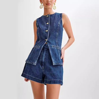 LINSEY |  Denim Gilet en Shorts Set Dames – Trendy Zomeroutfit van Stevig Denim