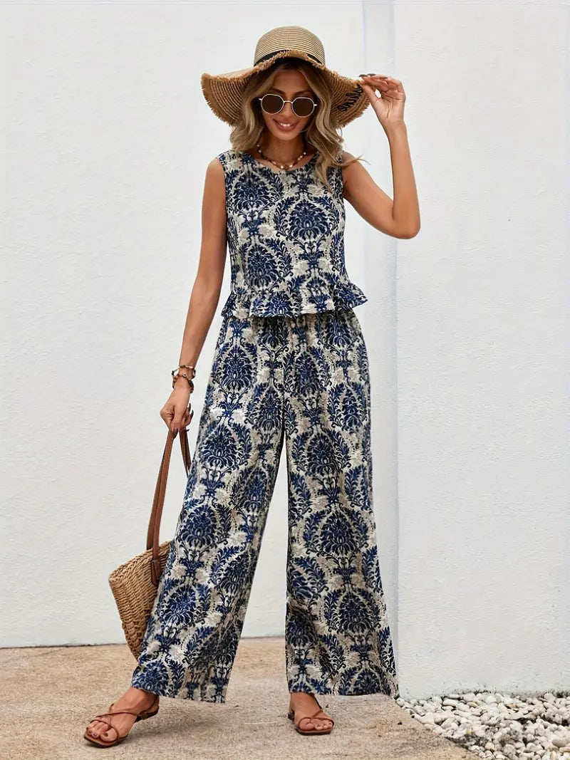 MAREN | Boho Co-Ord Set Dames – Luchtige Tweedelige Outfit met Blauw Witte Print