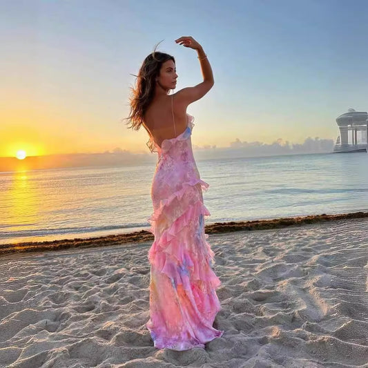 ANNABELLE | Maxi Zomerdress in Tie-Dye Pastel met Ruffles – Strandjurk met Open Rug