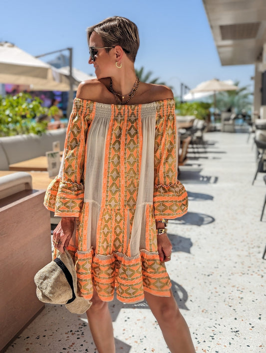 BOWIE | Off-Shoulder Boho Zomerjurk – Korte Lichtgewicht Jurk met Print en Wijde Mouwen