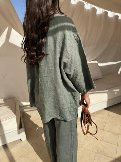 JANNA | 2-Delige Linnen Dames Set – Oversized Blouse & Rechte Broek in Meerdere Kleuren