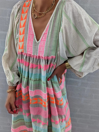 YUNE | Bohemian Maxi Jurk Dames - Kleurrijke Zomerjurk met V-Hals
