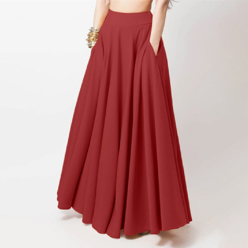 MARIA | Maxi Rok Dames met Hoge Taille, Zakken & Zwierige Plooi – Zomerrok in Zwart, Rood of Geel