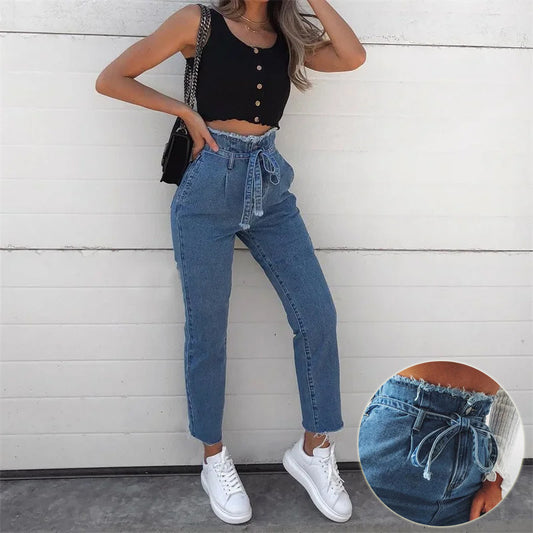 NIKA | Paperbag Jeans Dames met Hoge Taille - Denim Katoenen Broek