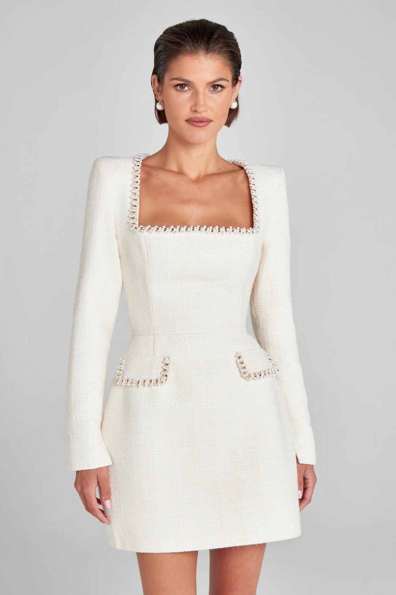 CHIC PARISIENNE | Tweed Jurk Dames met Parelaccenten – Elegante Jurk in Franse Stijl