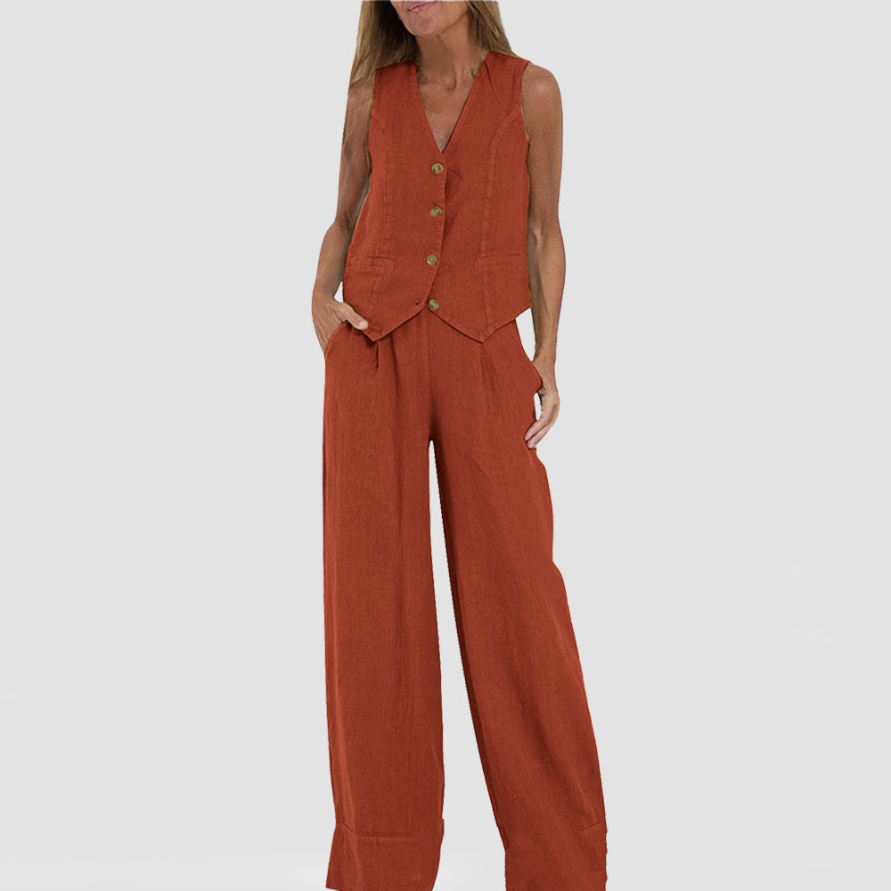 BENTHE | Twee-Delige Linnen Look Set – Gilet met Wijde Broek voor Dames