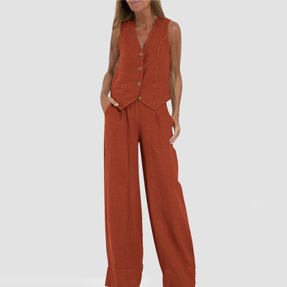 BENTHE | Twee-Delige Linnen Look Set – Gilet met Wijde Broek voor Dames