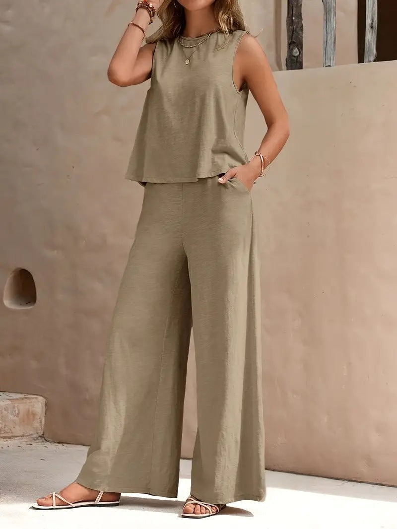 SOLÈNE | Tweedelige Zomer Set Dames – Luchtige Wijde Broek & Mouwloze Top