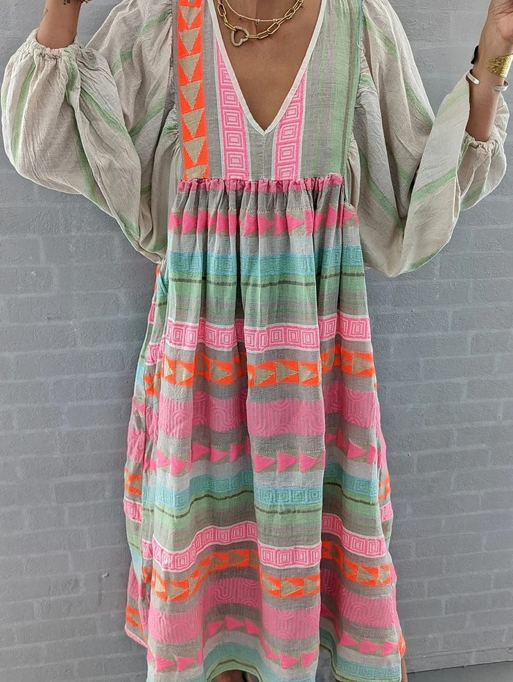 YUNE | Bohemian Maxi Jurk Dames - Kleurrijke Zomerjurk met V-Hals