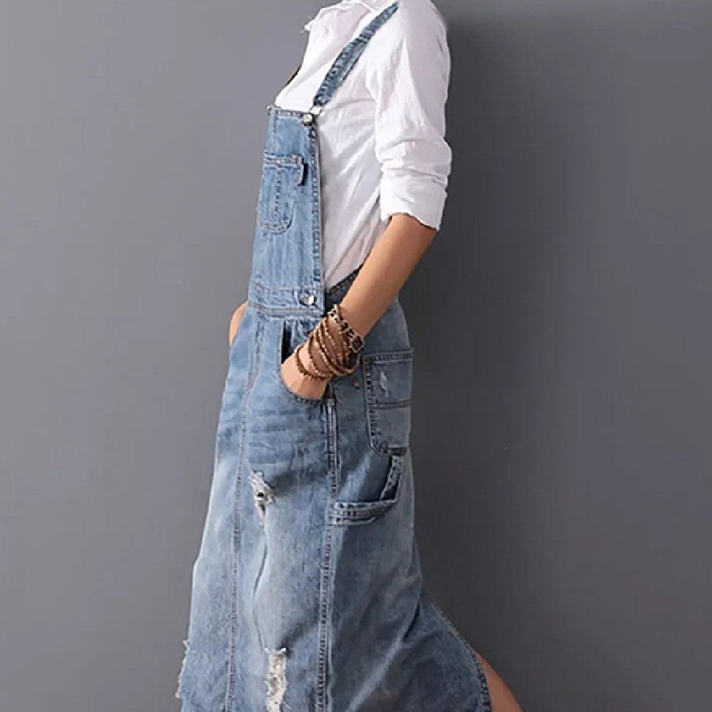 COCO | Denim Tuinjurk met Slijtagedetails – Casual & Stoer