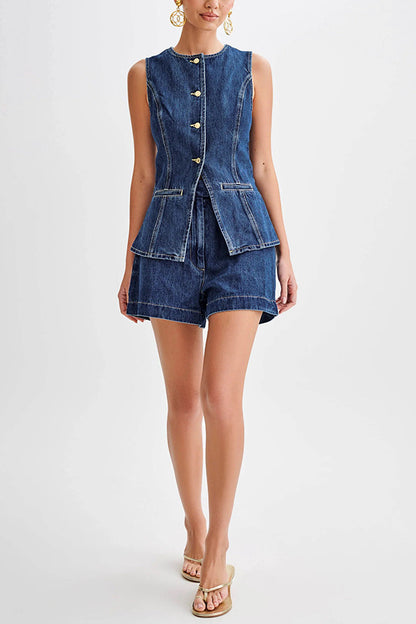 LINSEY |  Denim Gilet en Shorts Set Dames – Trendy Zomeroutfit van Stevig Denim