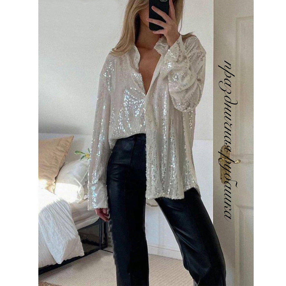 JELKE | Glitter Blouse met Pailletten – Partyproof in Zwart, Zilver & Apricot-Goud