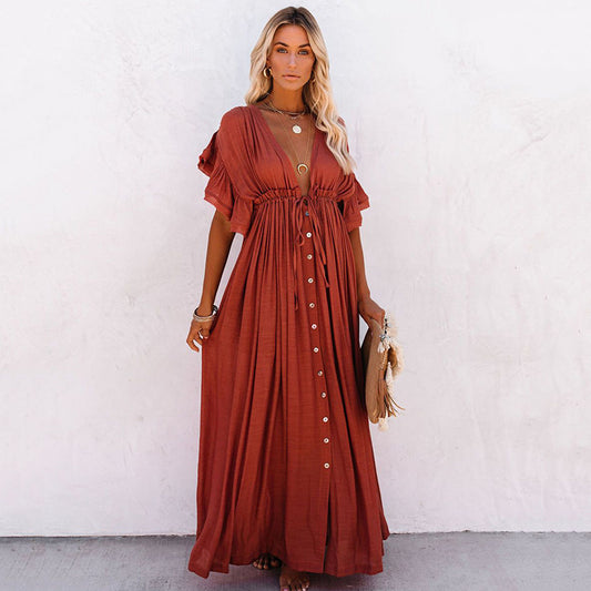DANIELLE | Boho Maxi Jurk met Knoopsluiting – Roesjes & V-Hals