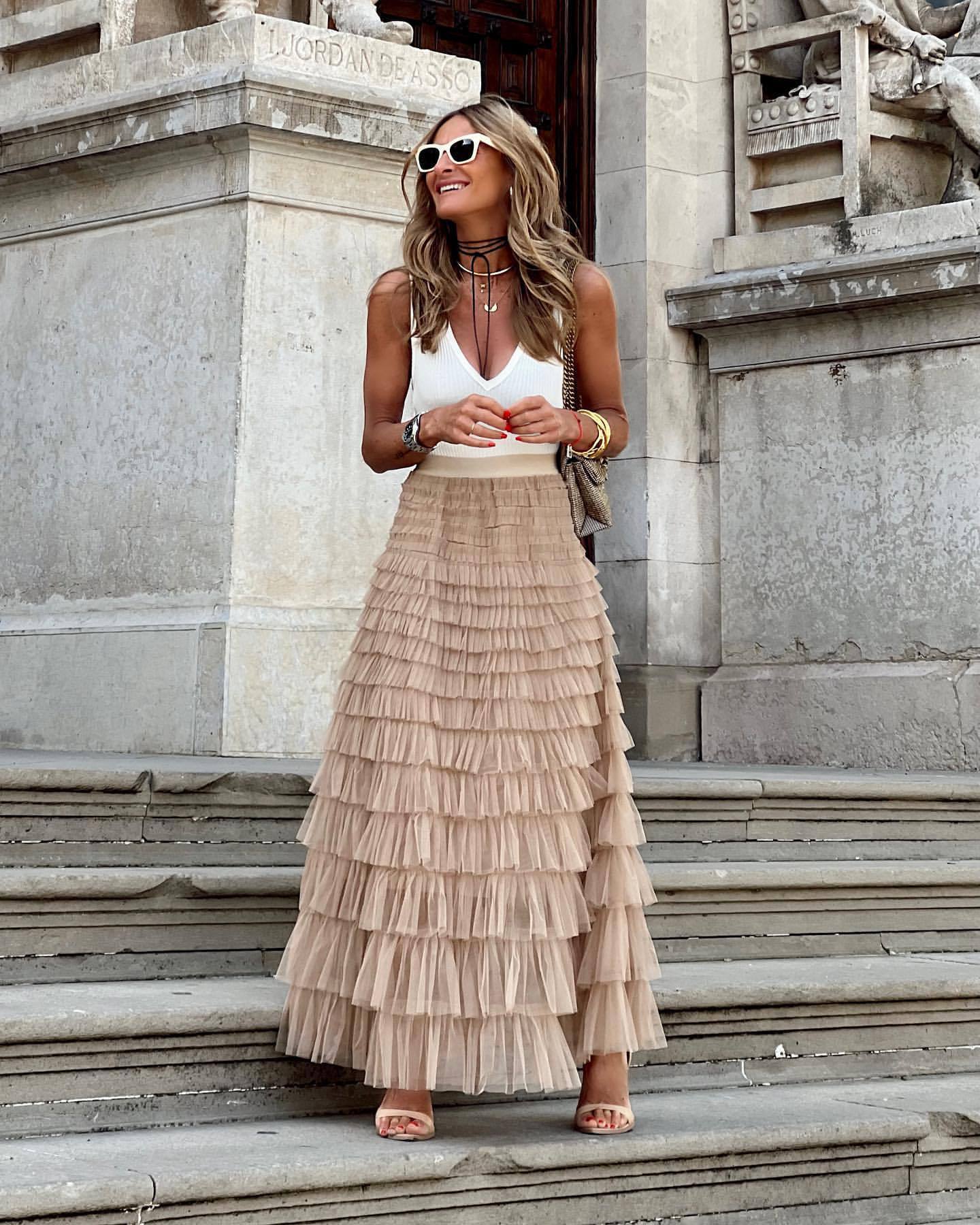 INE | Maxi Rok met Volants – Elegante Gelaagde Tule Rok voor Dames