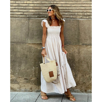 YNES | Geruite Maxi Jurk Dames - Zomerjurk met Ruches - Meerdere Kleuren