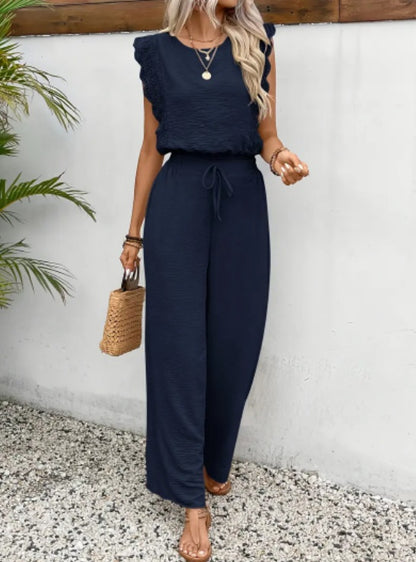 EVELIEN | Jumpsuit met Kanten Mouwdetails – Comfortabele Zomerlook met Wijde Pijpen