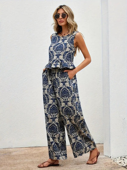 MAREN | Boho Co-Ord Set Dames – Luchtige Tweedelige Outfit met Blauw Witte Print