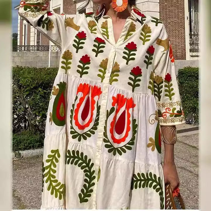 TISCHA | Geborduurde Boho Maxi Jurk – Kleurrijke Zomerjurk met Bloemenprint