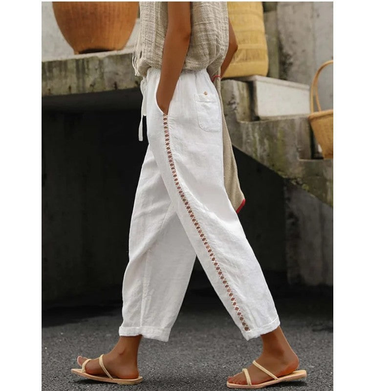 PAULINE | Linnen Broek Dames met Gehaakt Detail – Bohemian Zomerbroek met Kant