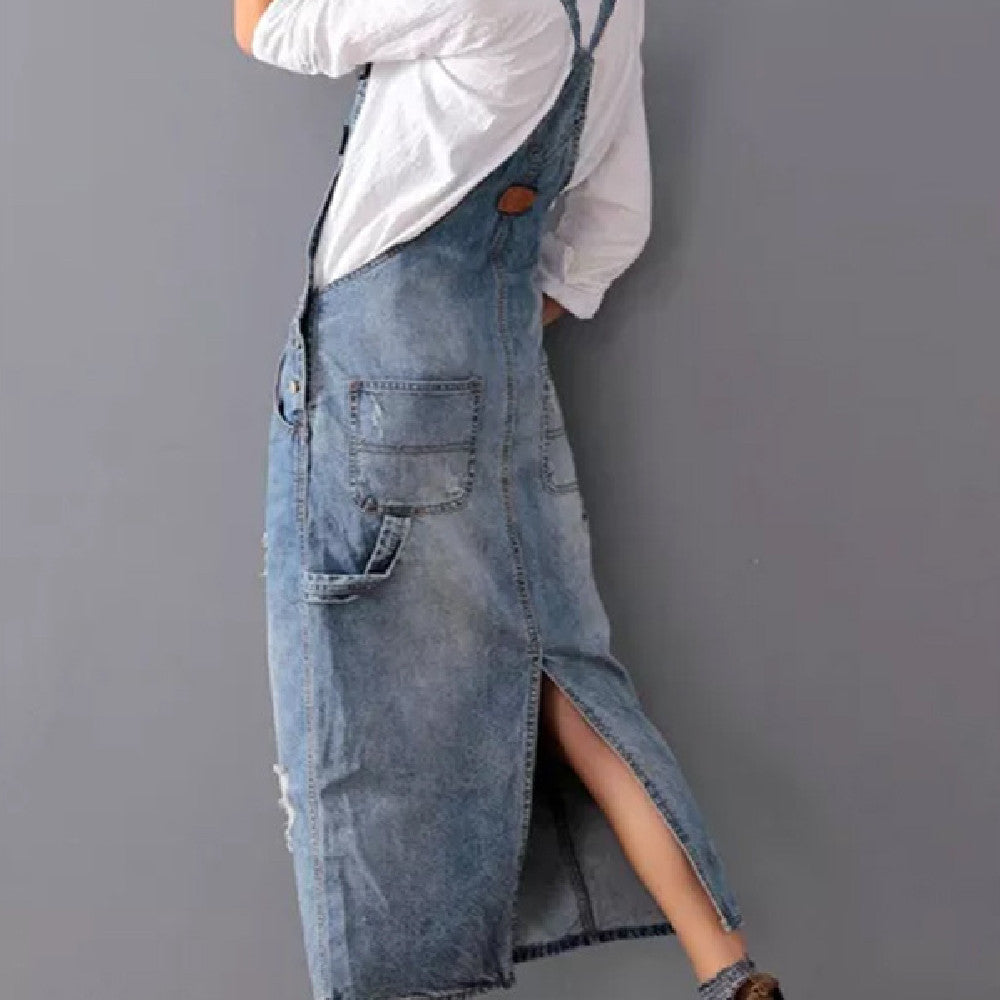 COCO | Denim Tuinjurk met Slijtagedetails – Casual & Stoer