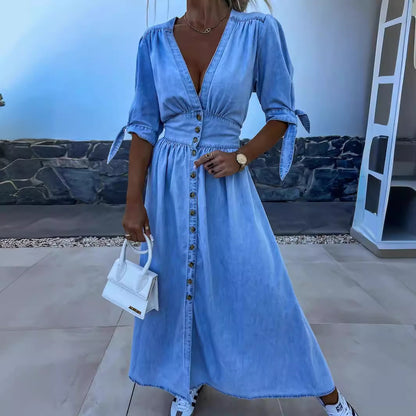 FELICIA | Denim Maxi Jurk – Casual Chic met Knopen & Strikmouwen