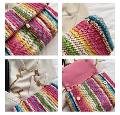 JETSKE | Rainbow Straw Clutch – Vrolijke Gevlochten Handtas met Schouderketting