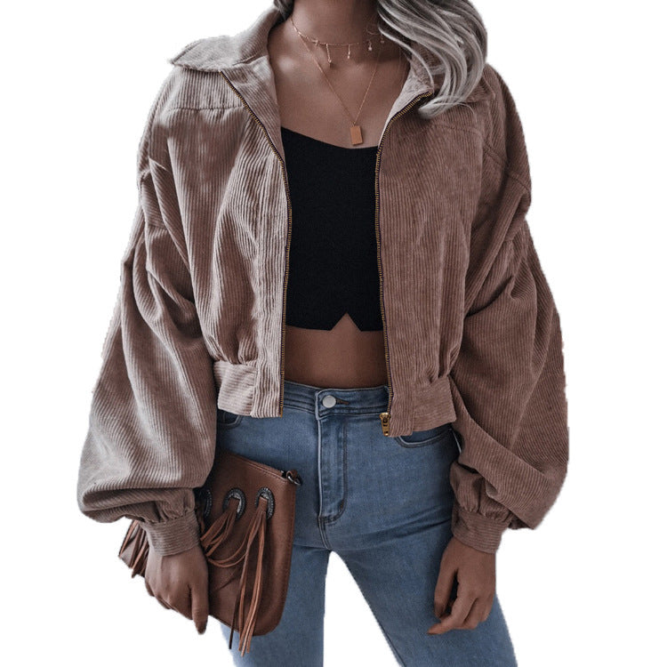 LAMIA | Corduroy Bomberjack Dames – Cropped Jack met Rits en Ballonmouwen