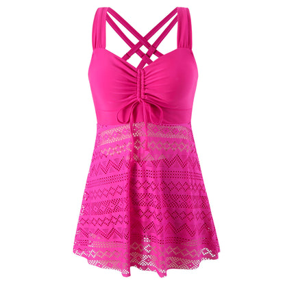 EVA | Elegante Tankini Jurk met Kant – Flatterend Badpak met Rokje en Gekruiste Rugbandjes