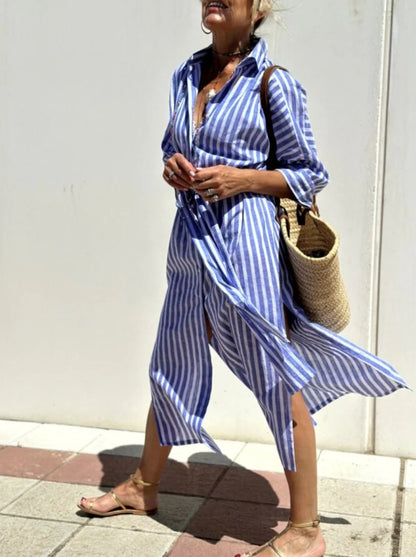 LINNE | Gestreepte Oversized Shirtjurk – Zomerse Damesjurk met Knoopsluiting en Split