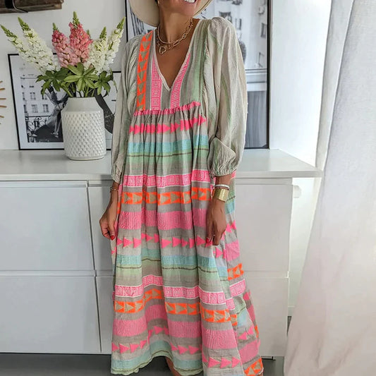 SHARON | Boho Maxi Jurk met Kleurrijke Strepen – Zomerse V-hals Jurk met 3/4 Mouwen